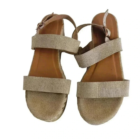 Bamboo Platform Espadrille Sandals Cream and Gold Canvas Woven Size 10 - Picture 3 of 10